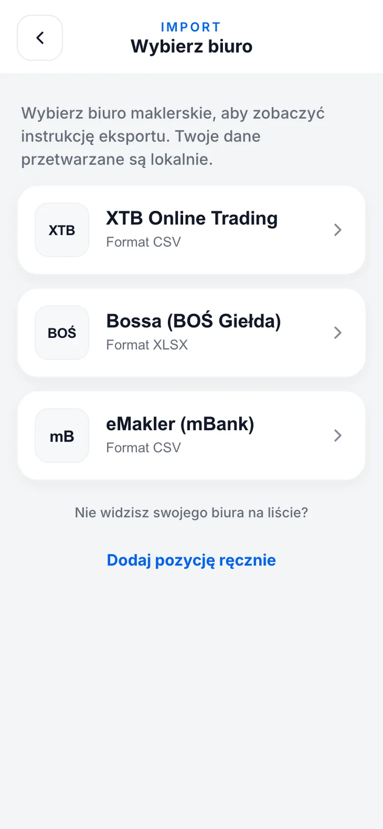 Wybor brokera przy imporcie portfela: XTB, mBank eMakler, Bossa