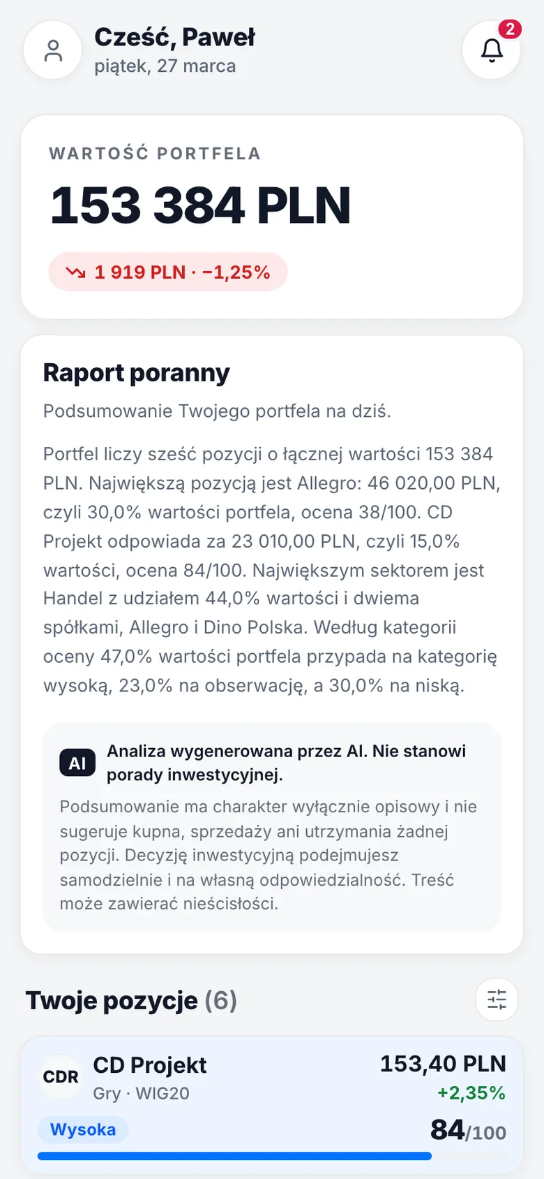 Pulpit aplikacji Prospekt AI: raport poranny i oceny spolek z portfela