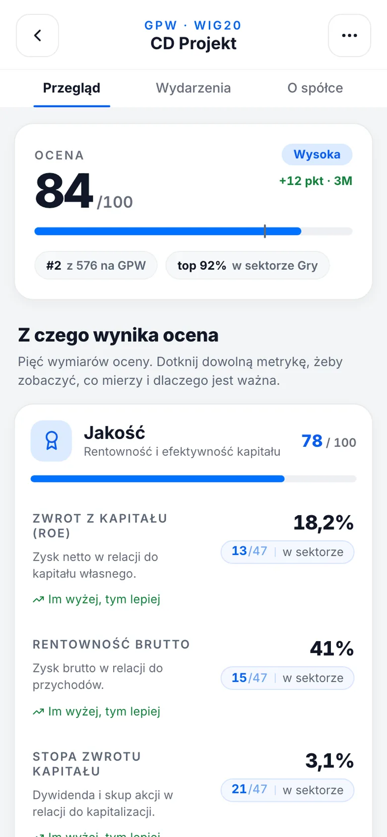 Ekran analizy spolki w Prospekt AI: ocena punktowa i czynniki, z ktorych wynika