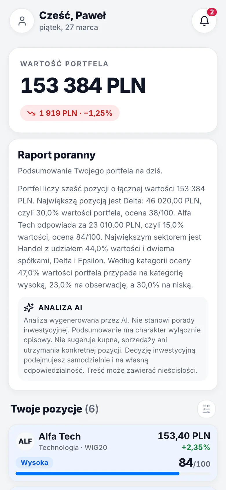 Pulpit aplikacji Prospekt AI: raport poranny i oceny spolek z portfela